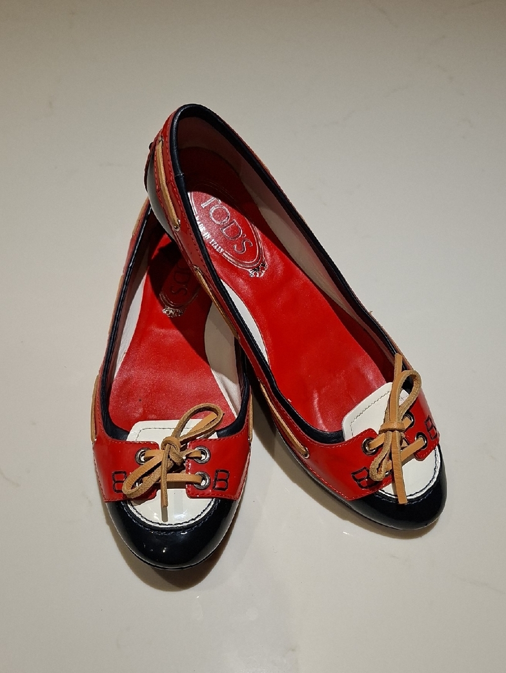 Tod's Navy, Red & White Patent Leather Driving Loafers w/ Bow Detail (EU 38)
